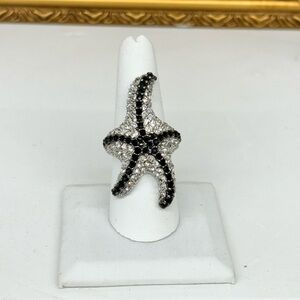 Black & Silver Rhinestone Starfish Ring - Bold Ocean-Inspired Statement Jewelry